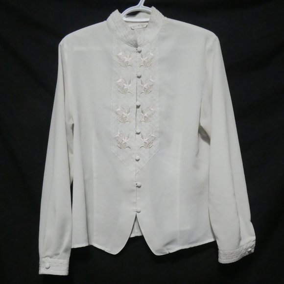 Susan Hutton Tops - SUSAN HUTTON | size 12 | Elegant White Blouse with Embroidered Detailing